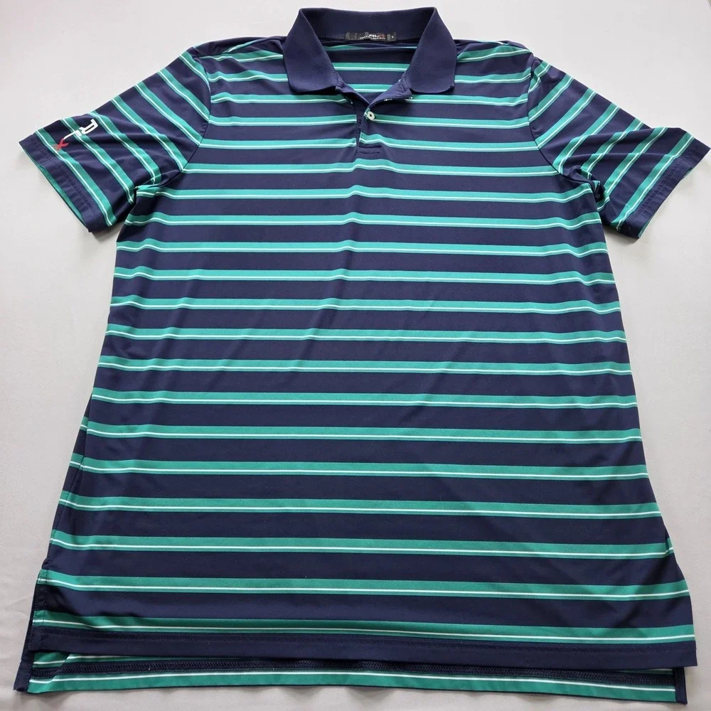 RLX Shirt Men's XL Striped Ralph Lauren Short Sleeve Blue and Green Golf Stretch
